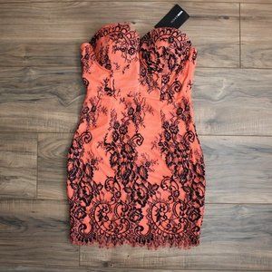 Fashion Nova Neon Orange w/ Black Lace Strapless Bodycon Dress